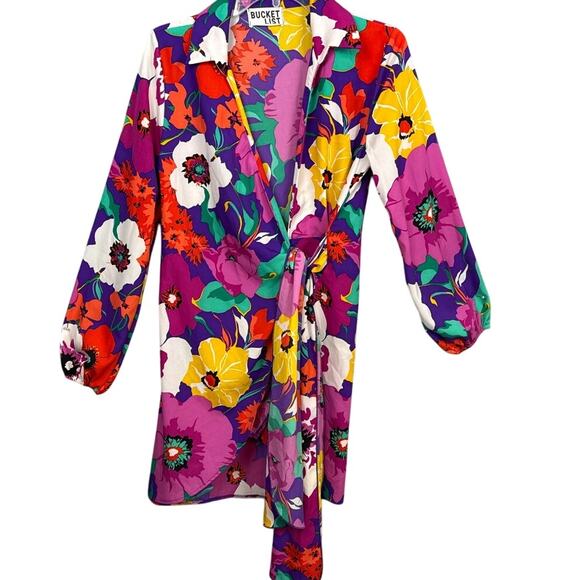 Bucket List Bold Floral Wrap Dress Swim Cover Up Jewel Tones Size S Resort Wear - Picture 4 of 9